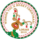 Christmas reindeer sticker with holiday lights and festive border
