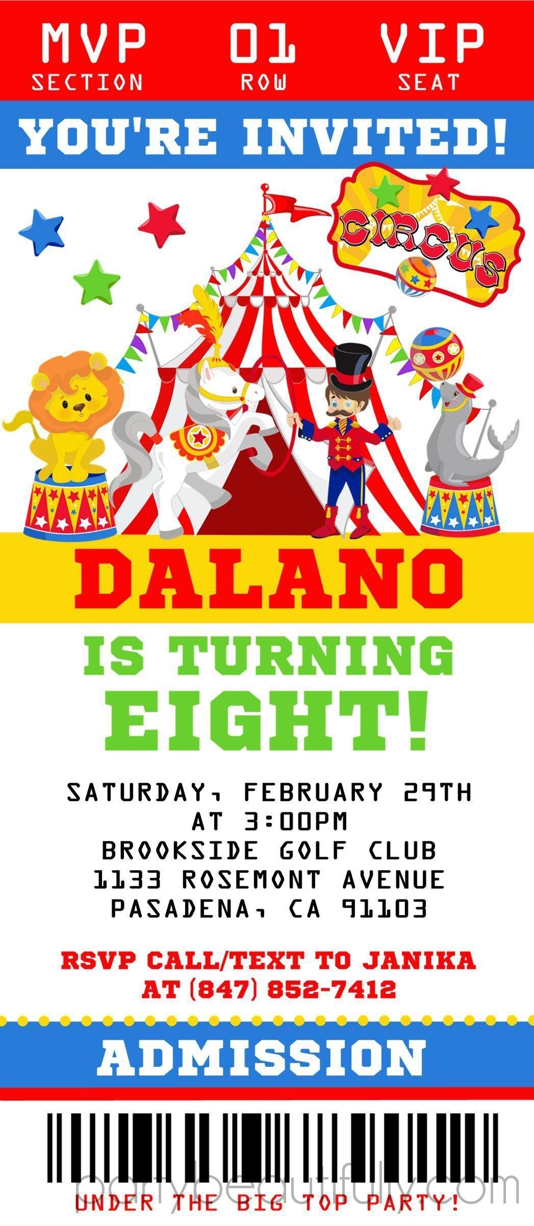 Circus Birthday Party Ticket Invitations