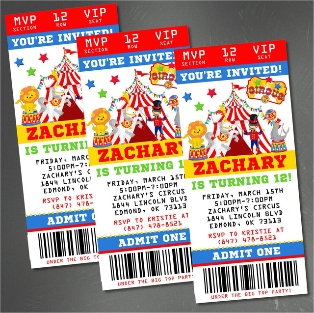 Circus Birthday Party Ticket Invitations