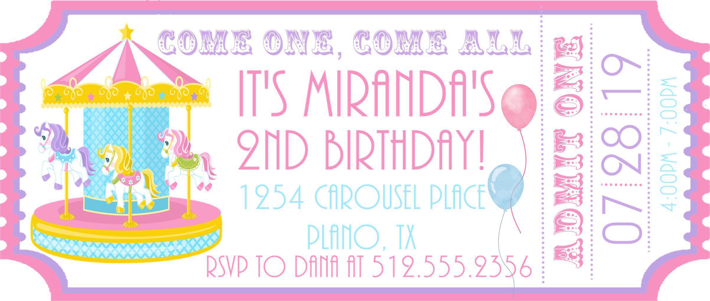 Circus Carousel Birthday Party Ticket Invitations