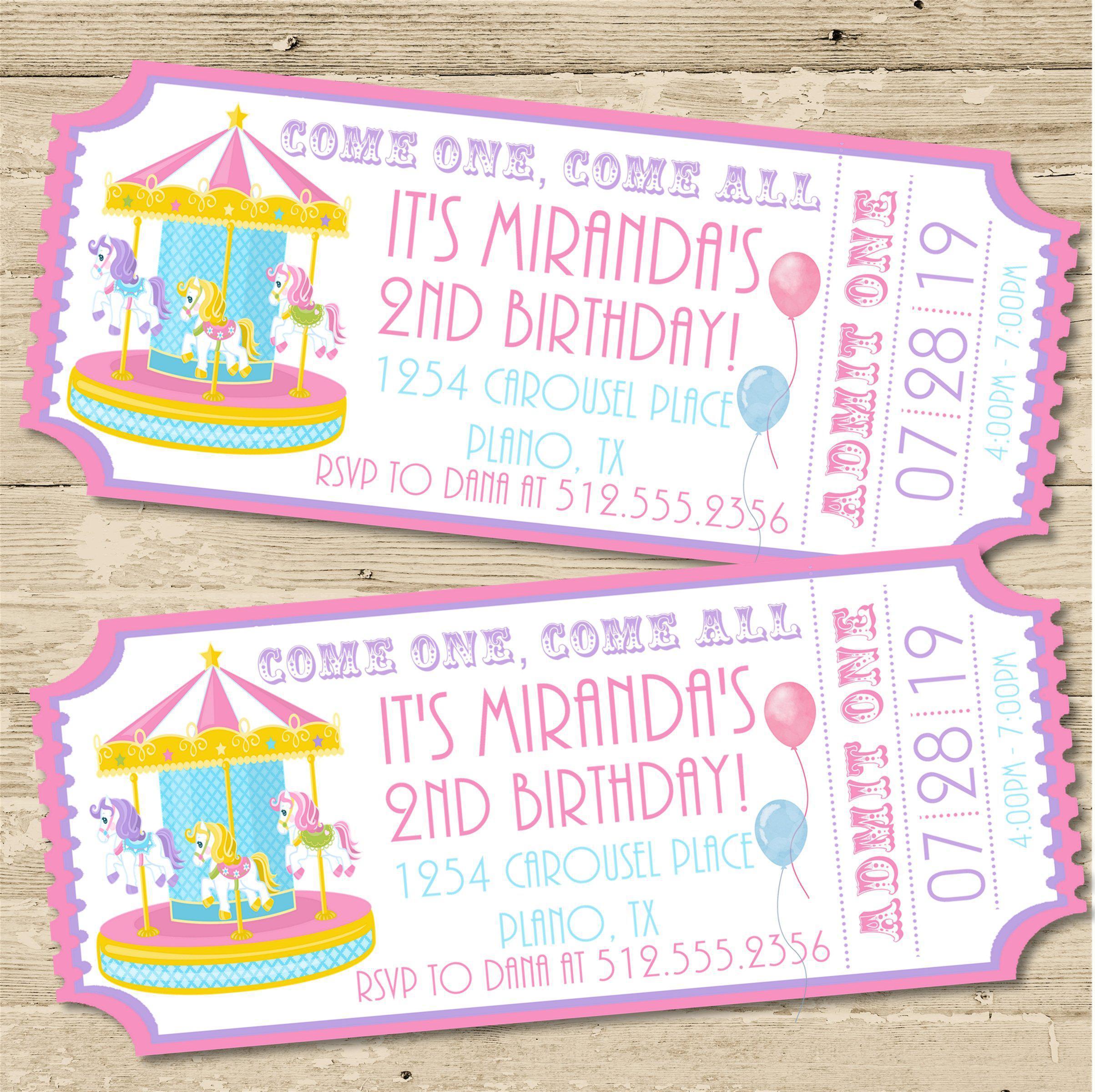 Circus Carousel Birthday Party Ticket Invitations