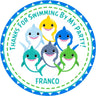 Colorful shark family birthday sticker in bright ocean colors