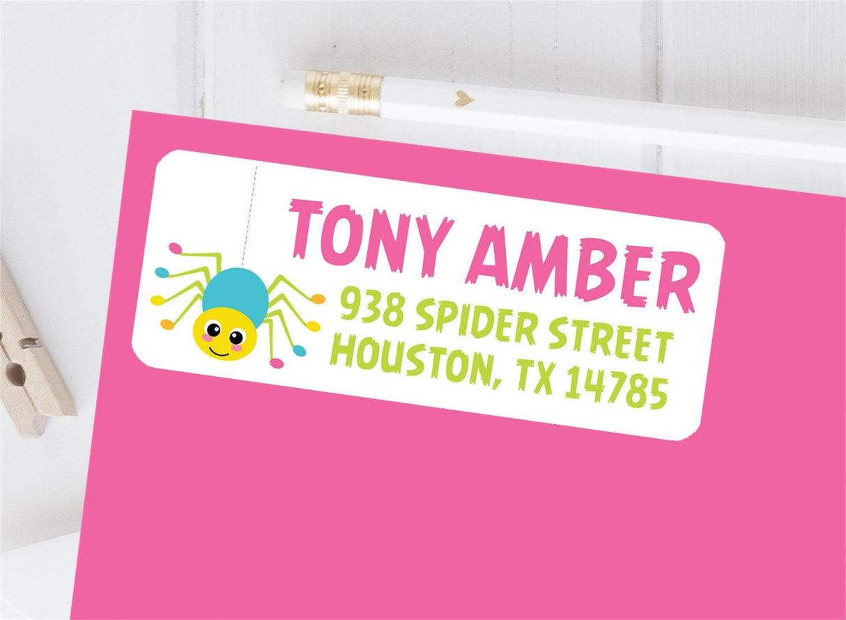 Colorful spider personalized address labels on envelope