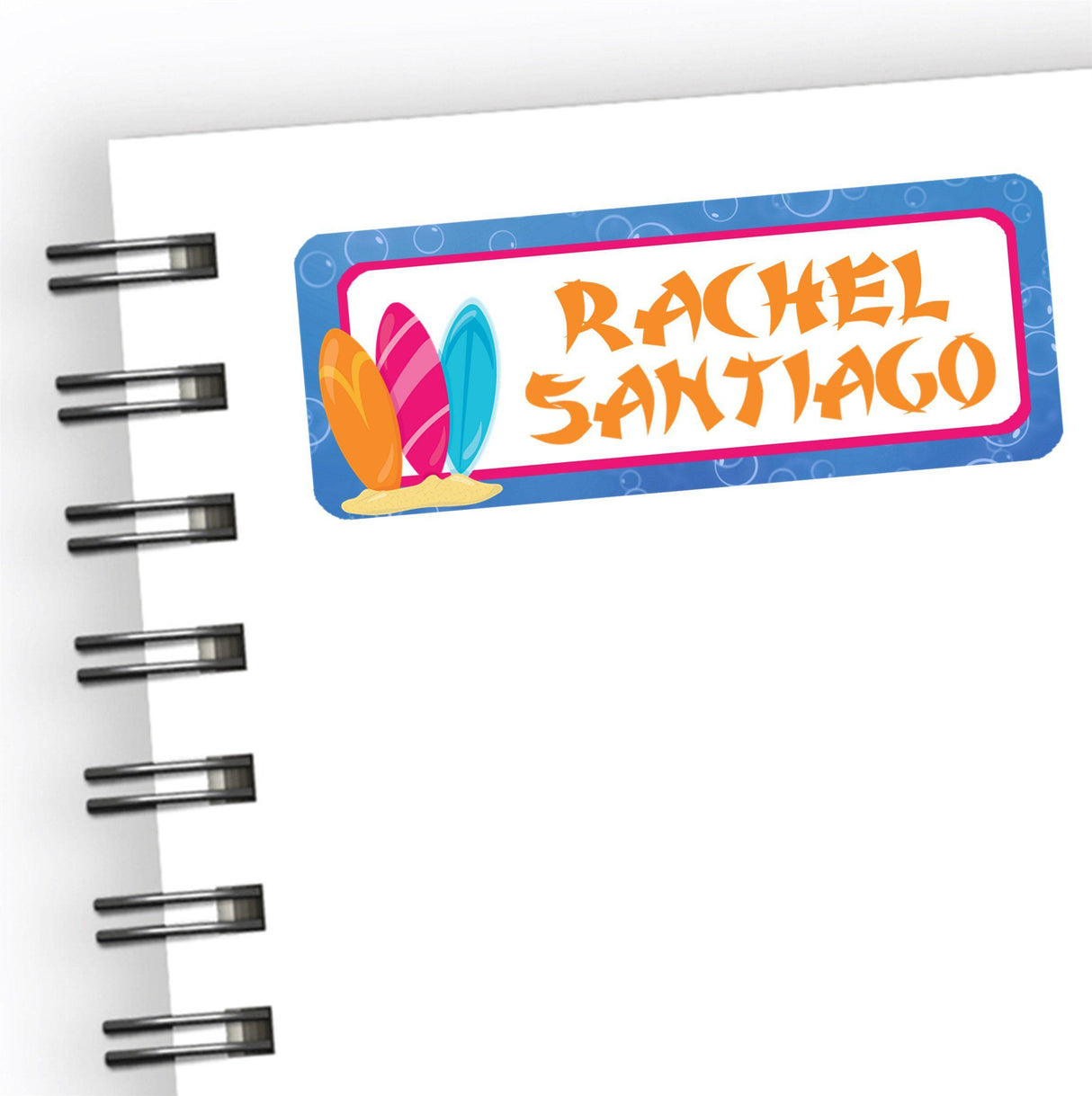Colorful surfboard back to school name labels in blue orange pink