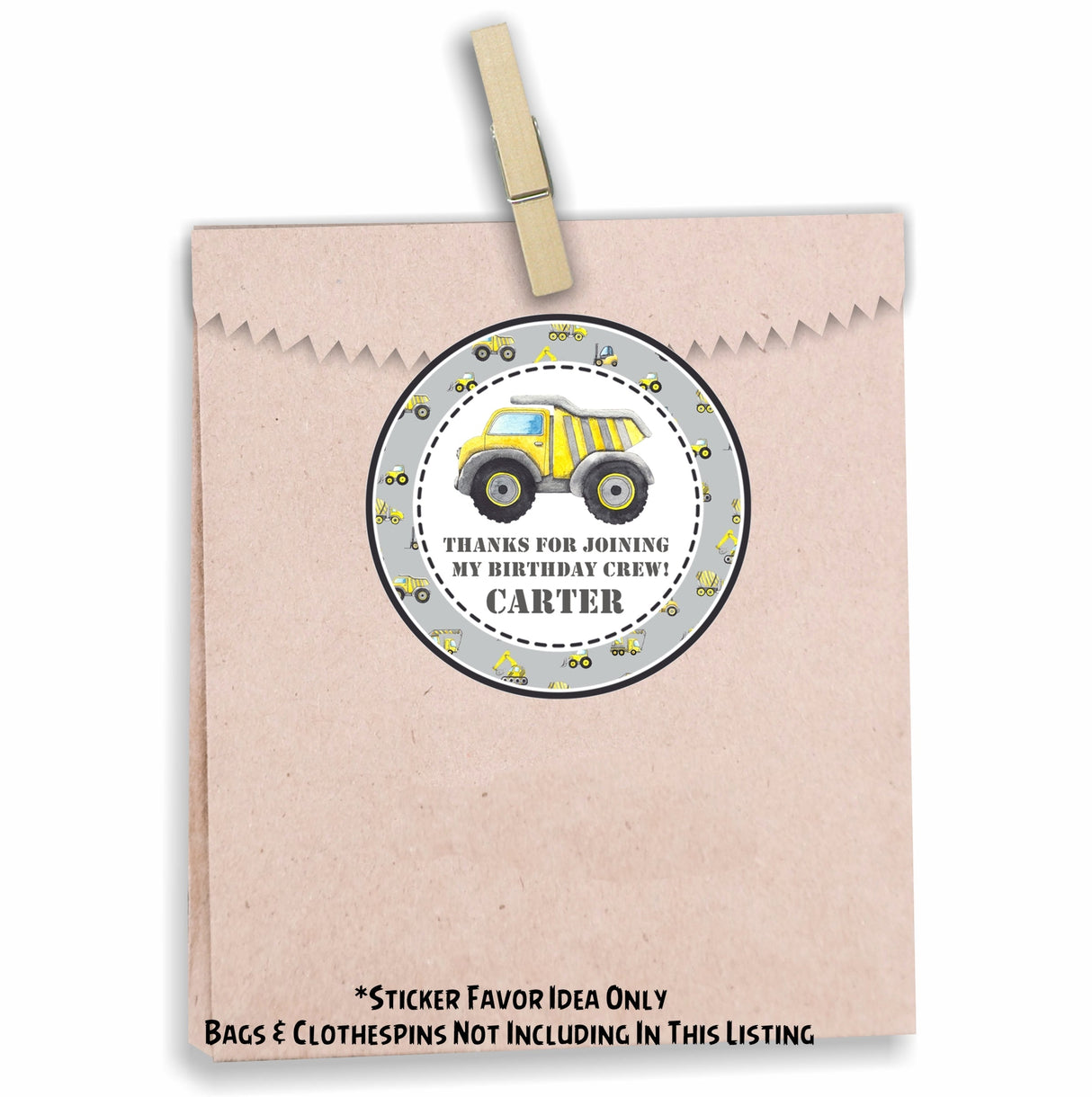 Construction crew birthday sticker with gray pattern and custom name