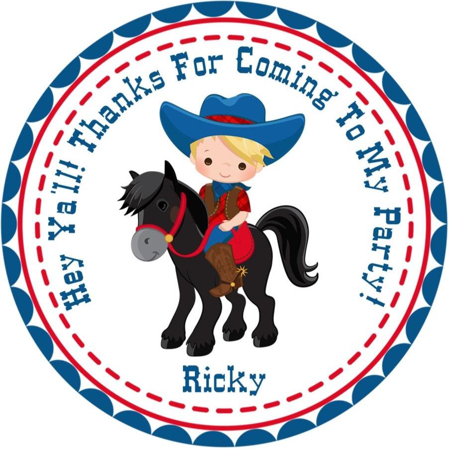Cowboy birthday sticker with blue hat and black horse