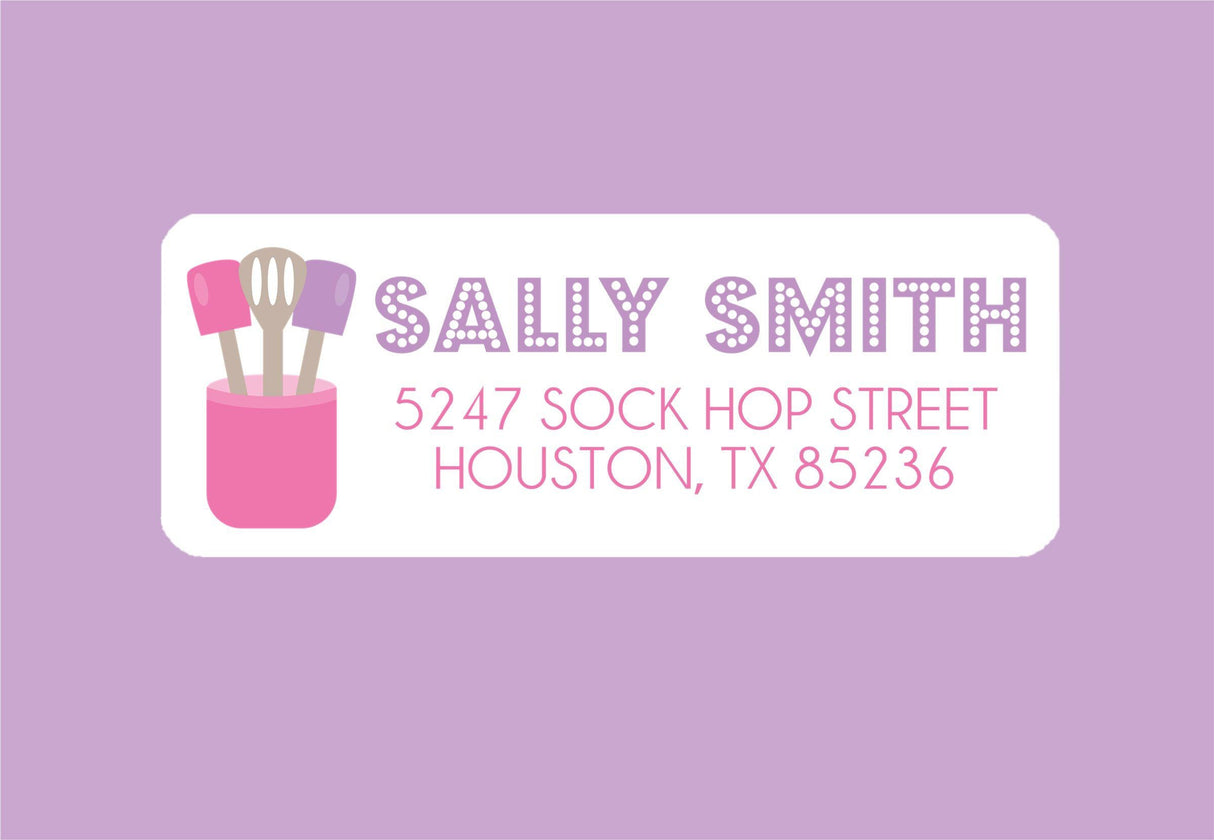 Custom baking return address labels with pastel utensil design