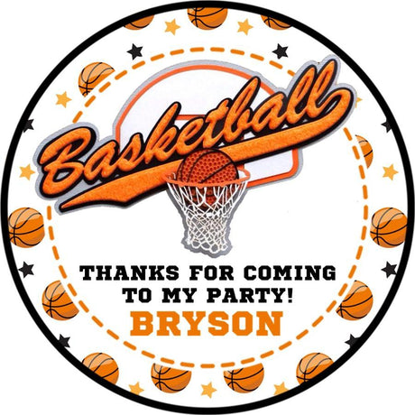 Custom orange basketball treat sticker with hoop design