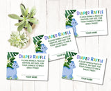 Cute Blue Dinosaur Diaper Raffle Printable with Tropical Leaves