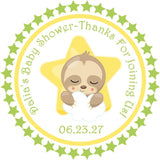Cute baby sloth holding cloud on yellow star sticker