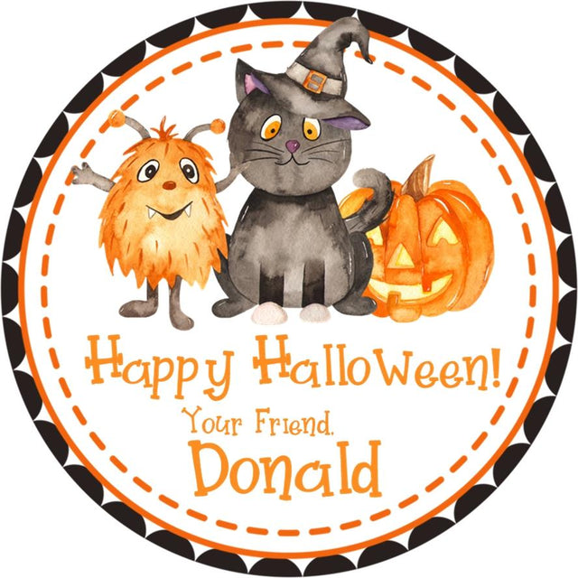 Cute black cat Halloween sticker with pumpkin illustration