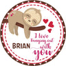 Cute brown sloth hanging with hearts kids Valentine label