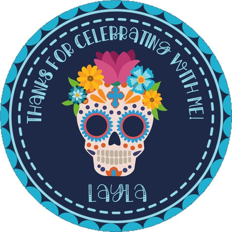 Día de los Muertos themed sugar skull sticker for birthday favors