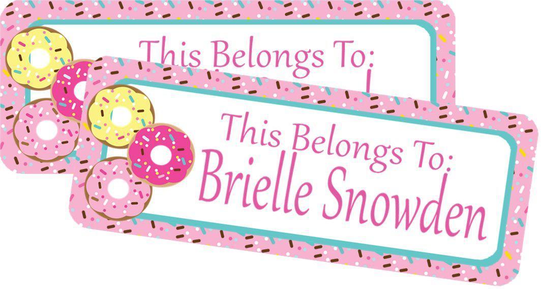 Donut back to school name labels with pink, teal, and sprinkle accents