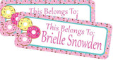 Donut back to school name labels with pink, teal, and sprinkle accents