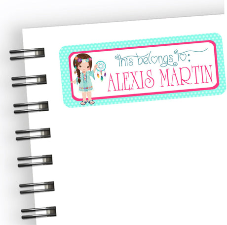 Dreamcatcher girl back to school name label with pastel boho design