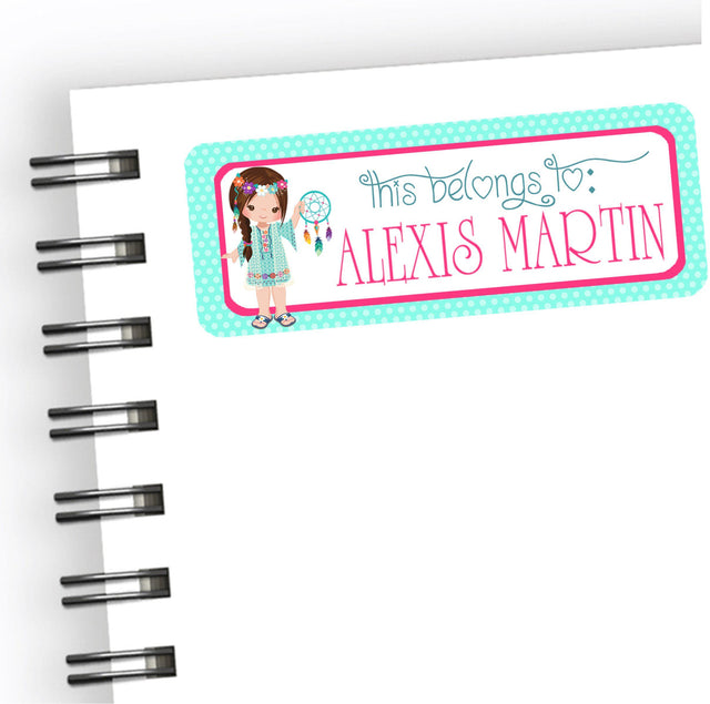 Dreamcatcher girl back to school name label with pastel boho design