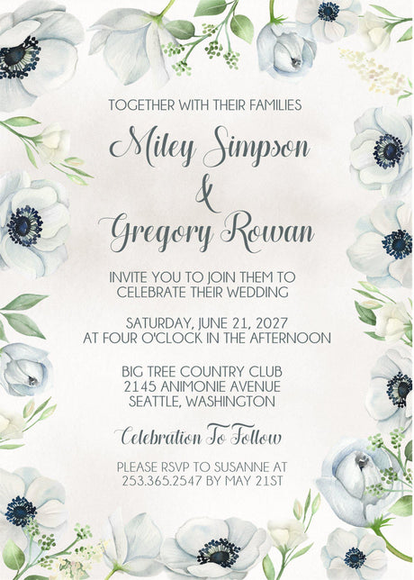 Dusty blue wedding invitation with anemone flowers and elegant floral border design