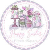 Easter sticker featuring pastel dessert table with macarons and candy jars
