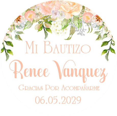 Elegant baptism favor label with peach flowers