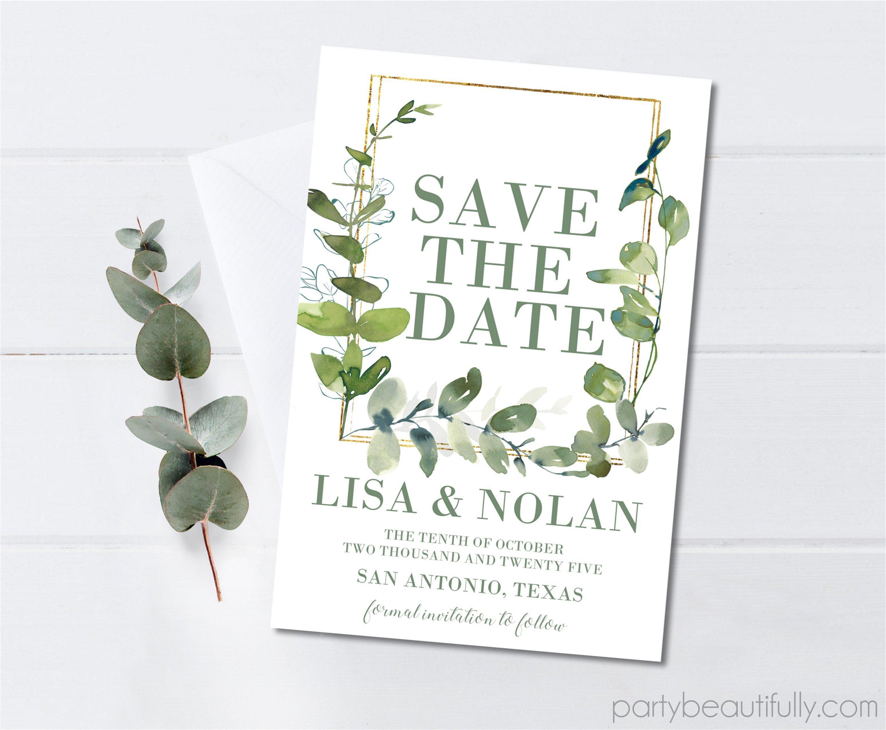 Eucalyptus And Gold Wedding Save The Date Cards