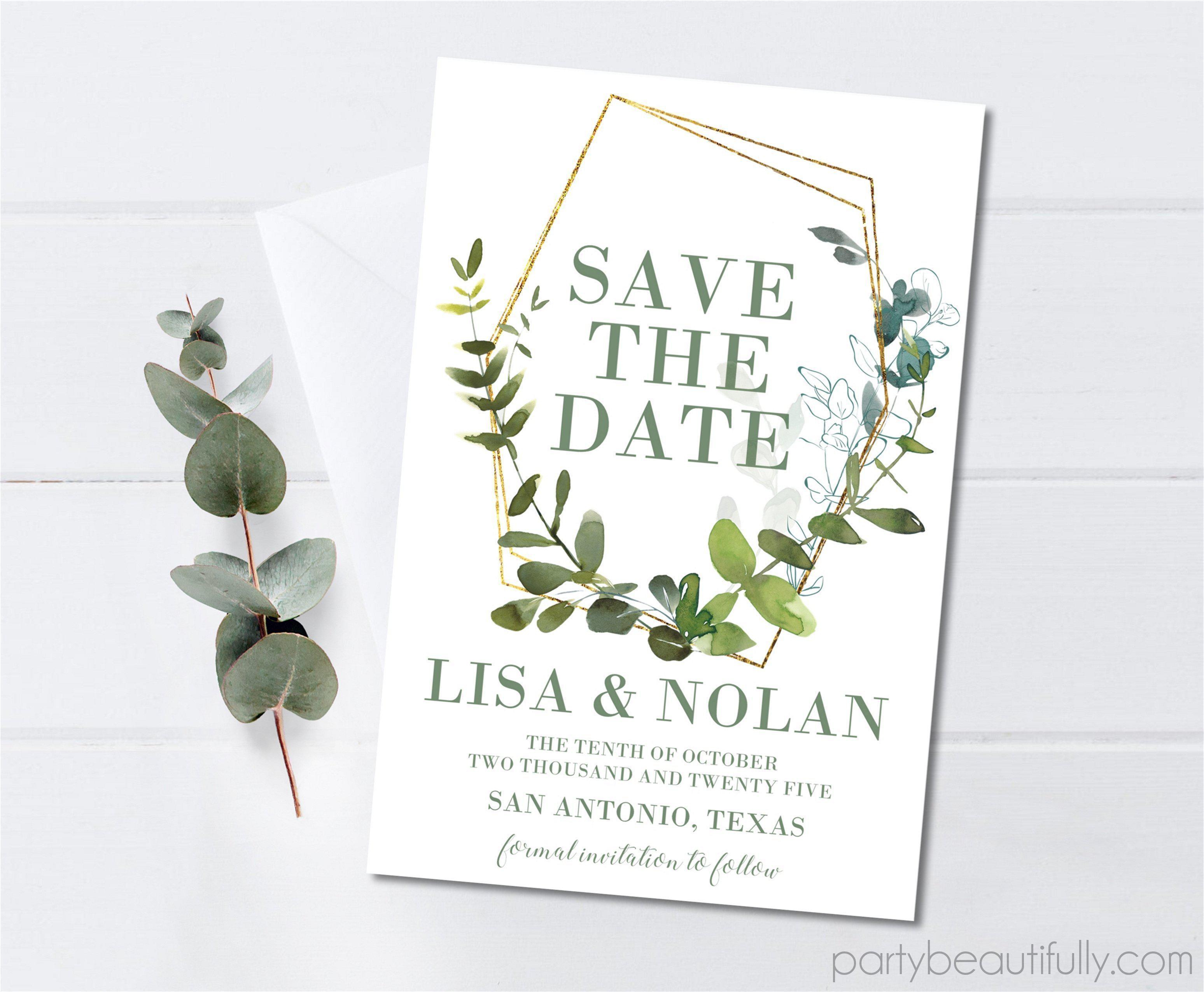 Eucalyptus And Gold Wedding Save The Date Cards