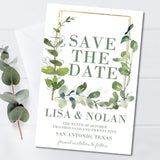 Eucalyptus gold wedding save the date cards