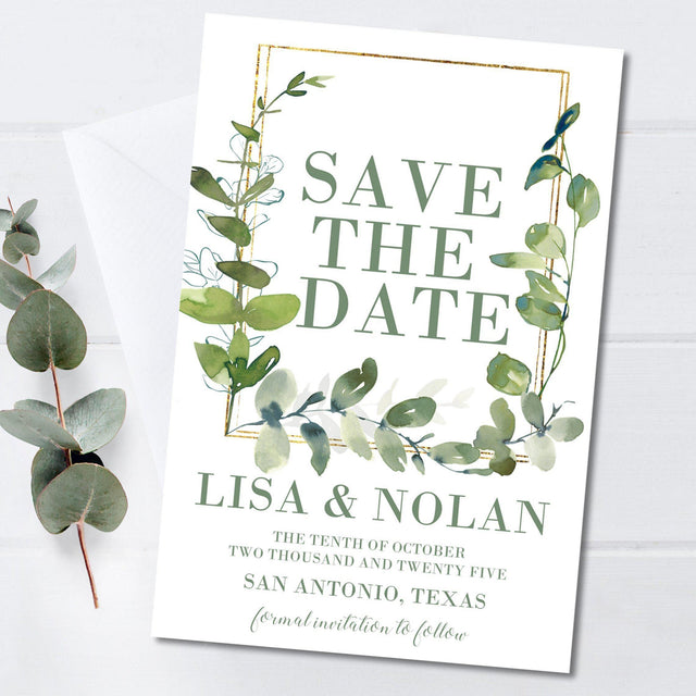 Eucalyptus gold wedding save the date cards