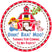 Farm girl barnyard birthday sticker with red barn and animals