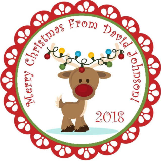 Festive reindeer holiday sticker personalized with name