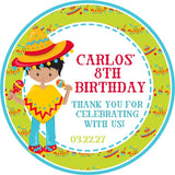 Fiesta birthday sticker with boy holding maracas