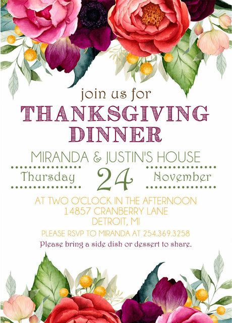 Floral Thanksgiving dinner invitation with red and blush flowers