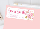 Floral butterfly address labels with pink roses