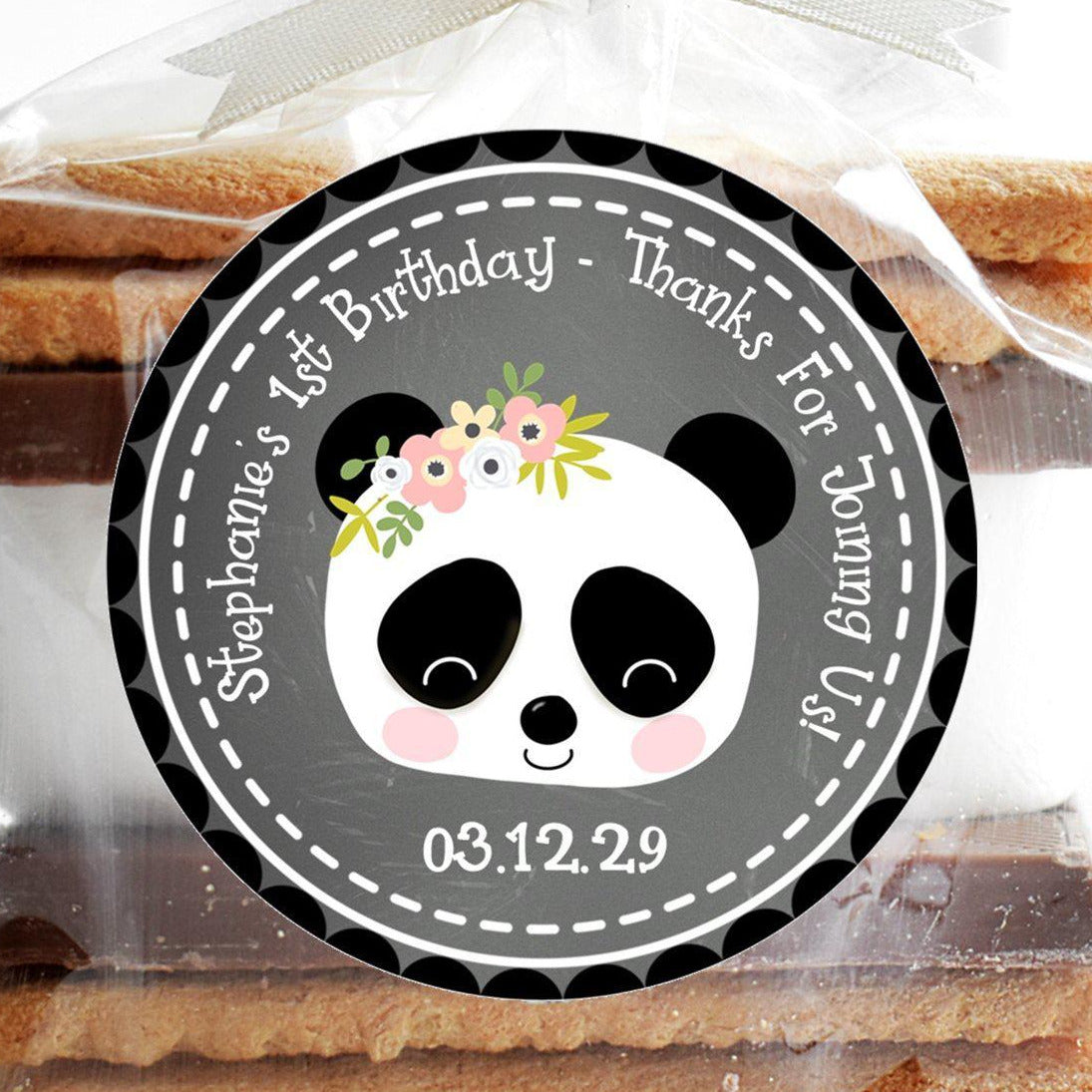 Floral panda party favor label on chalkboard background