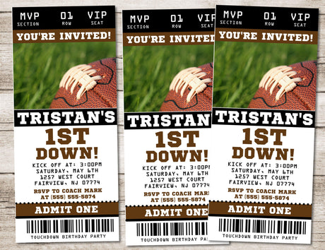 Football 1st Birthday Party Ticket Invitations