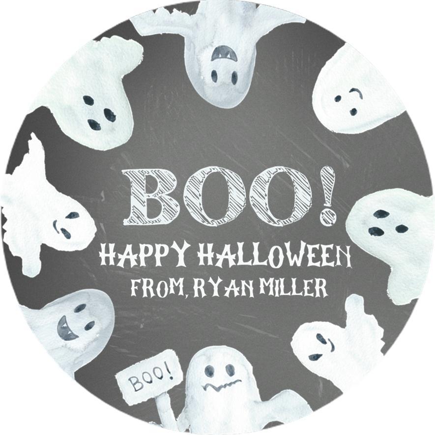 Ghost Halloween sticker with floating white ghosts on gray background