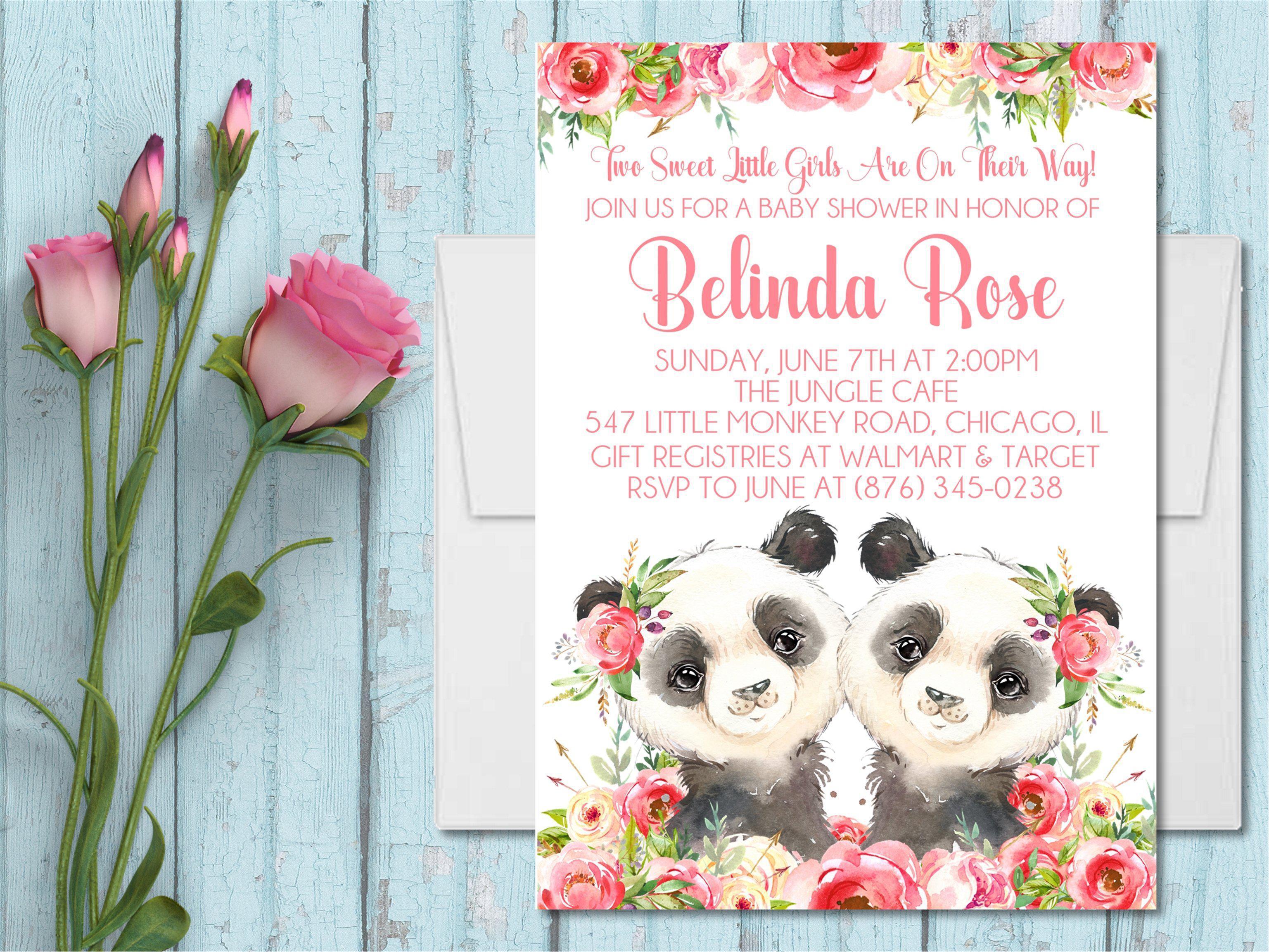 Girl Twins Panda Baby Shower Invitations