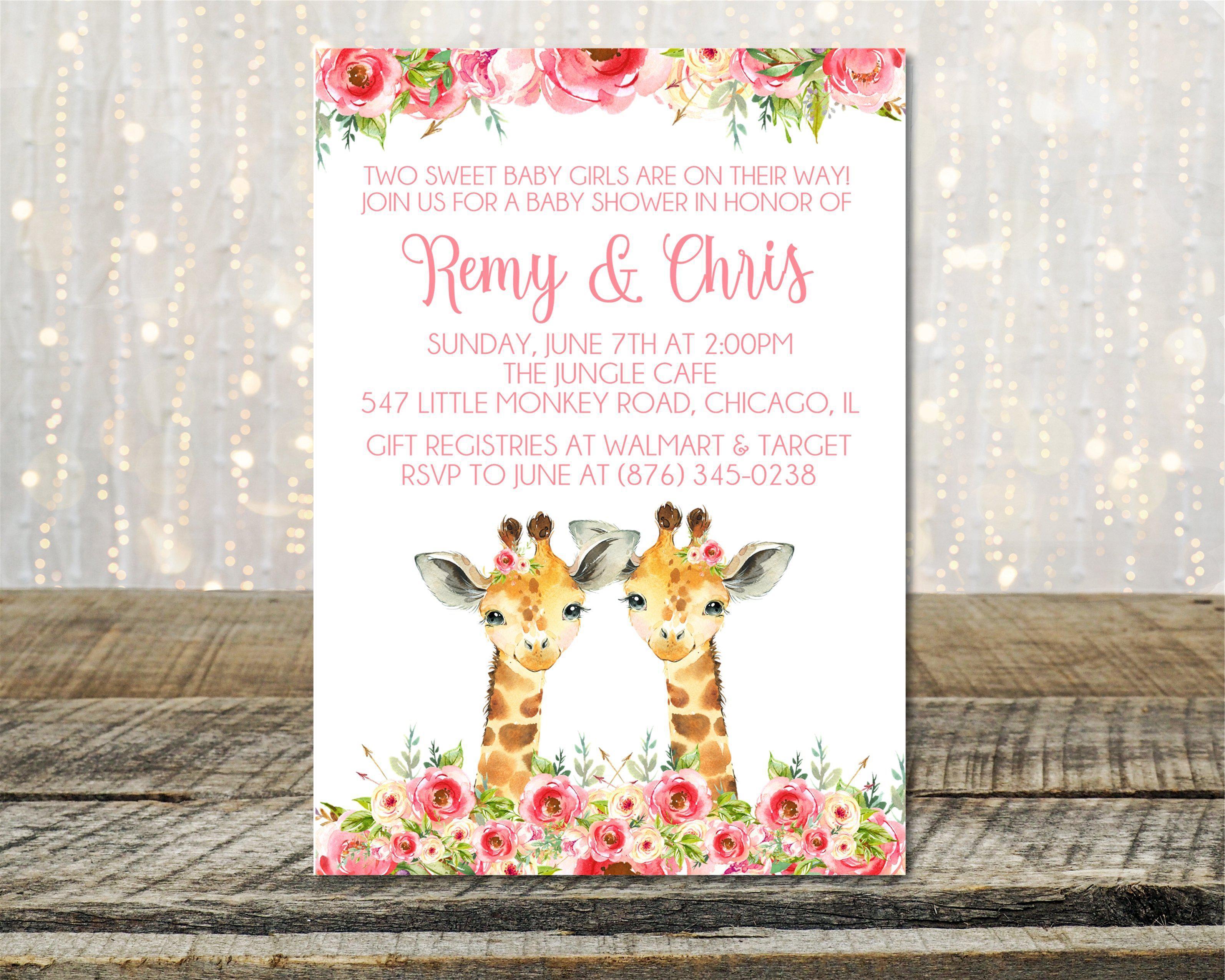 Girl Twins Safari Giraffe Baby Shower Invitations