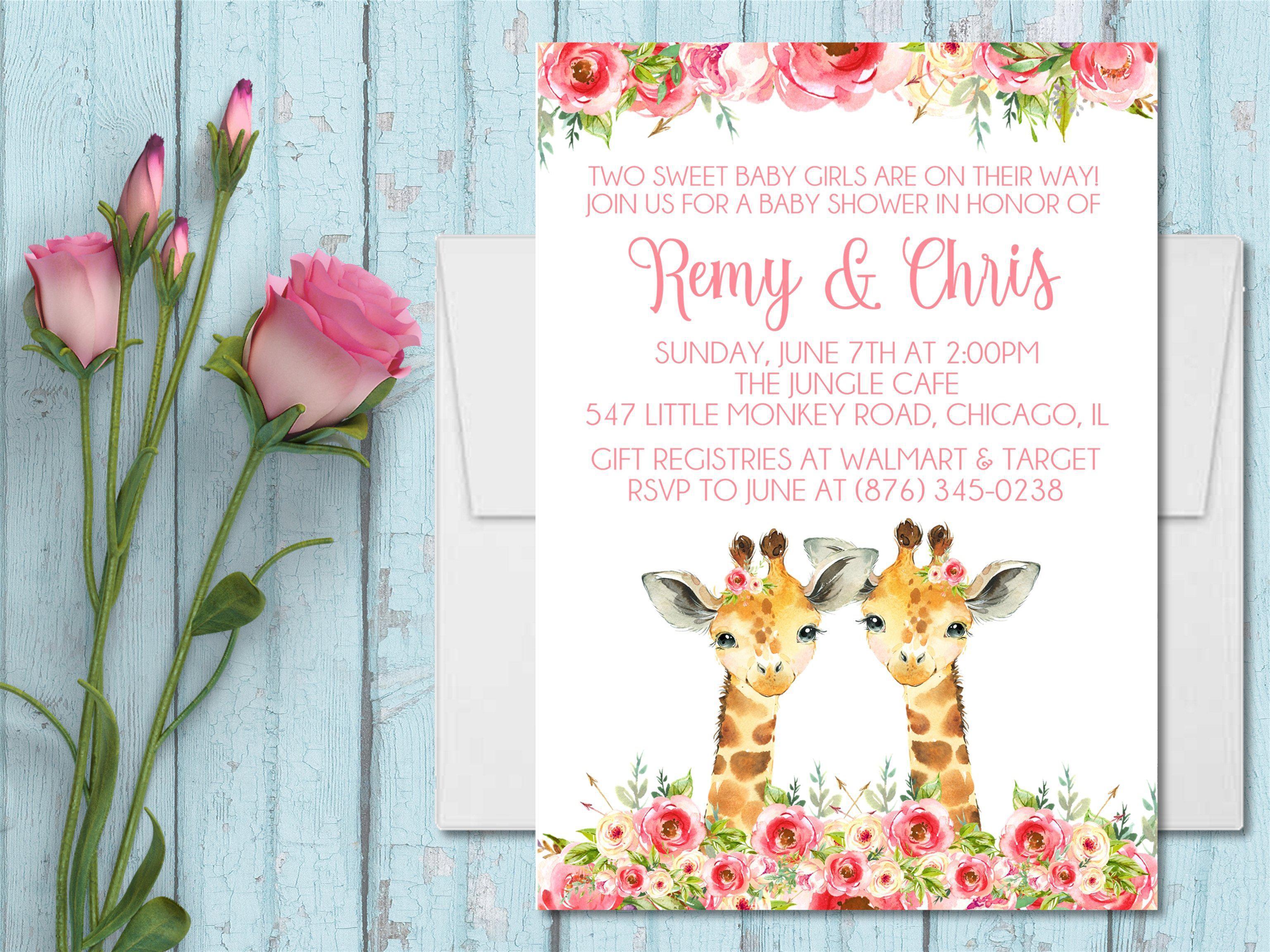 Girl Twins Safari Giraffe Baby Shower Invitations