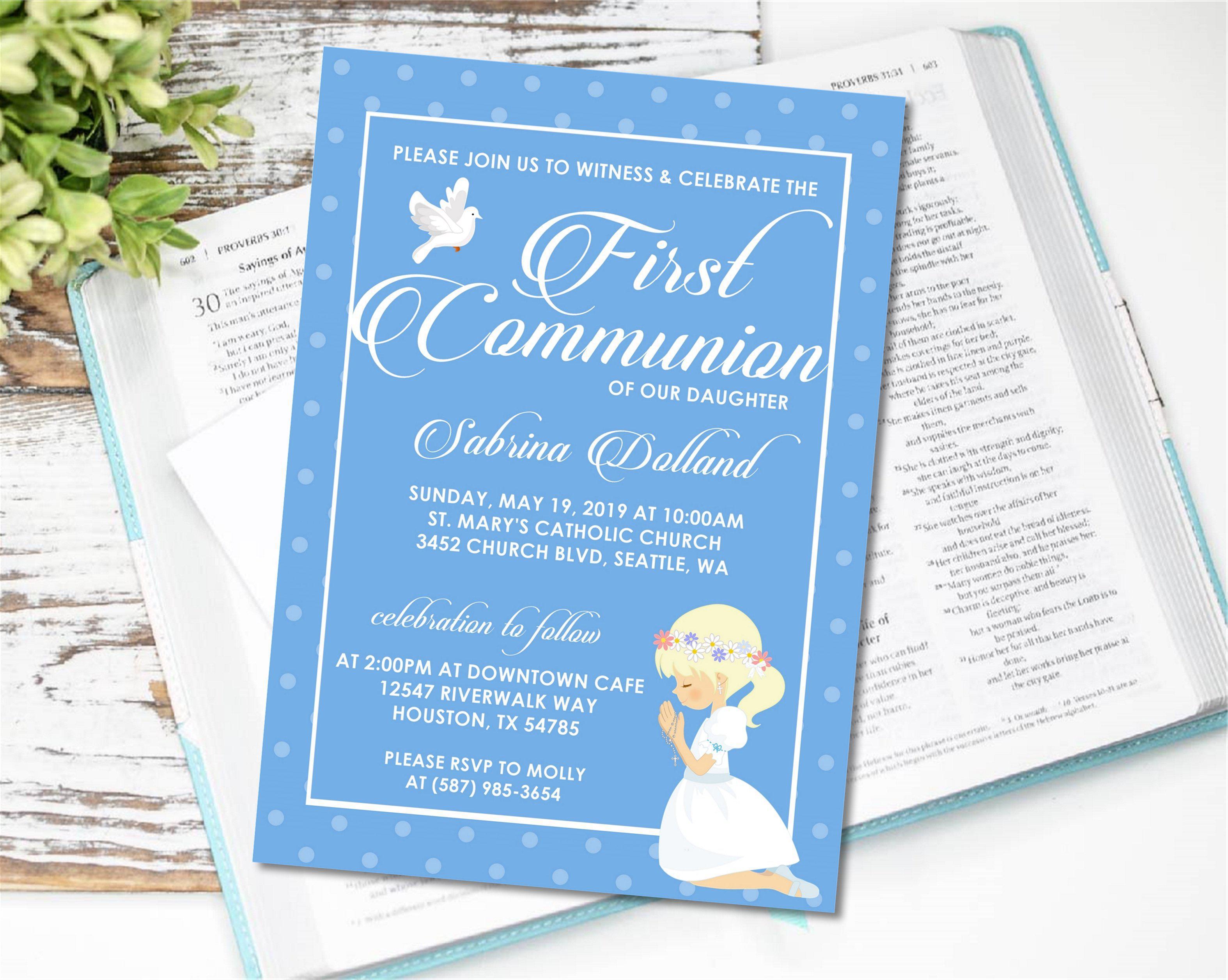 Girls Blue First Communion Invitations