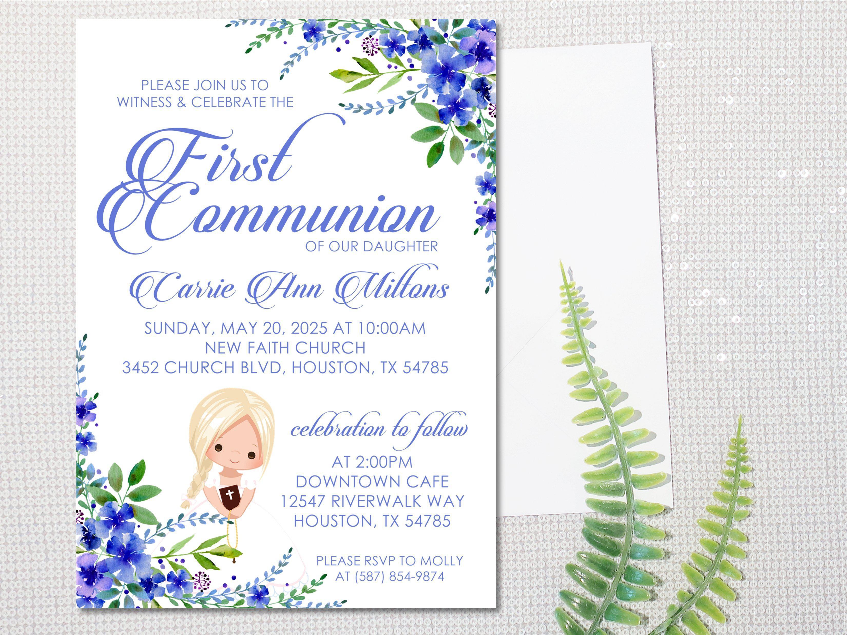 Girls Blue First Communion Invitations