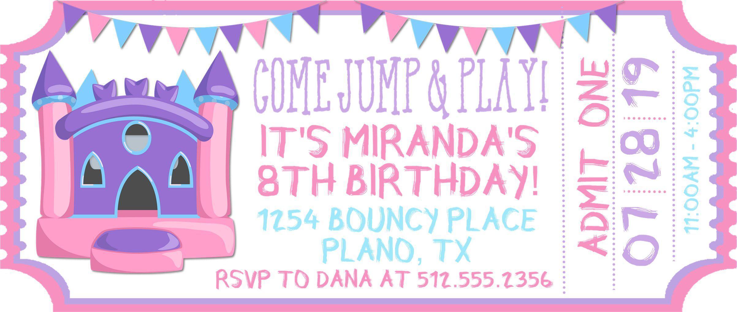 Girls Bounce House Birthday Ticket Invitations