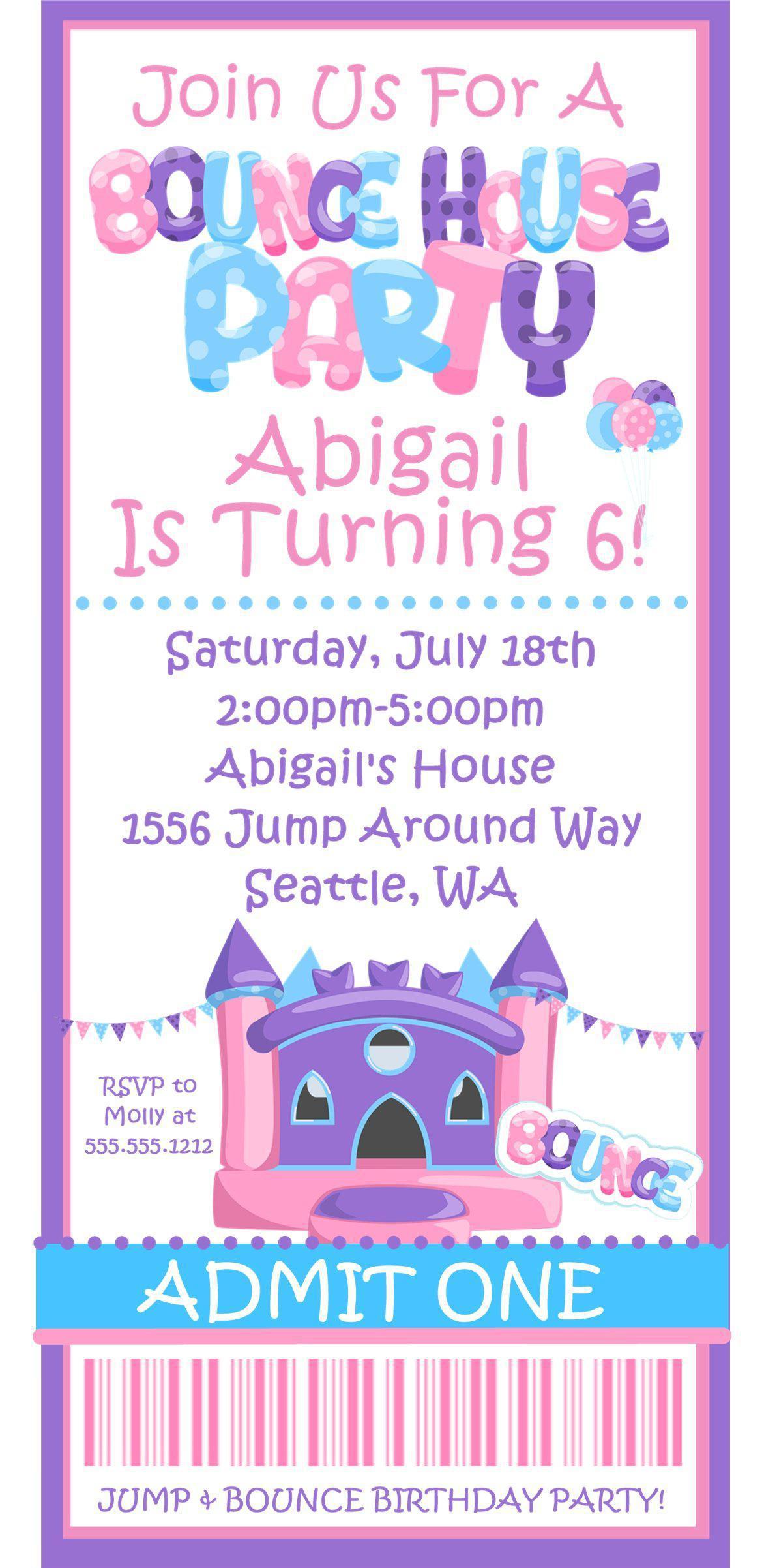 Girls Bounce House Birthday Ticket Invitations