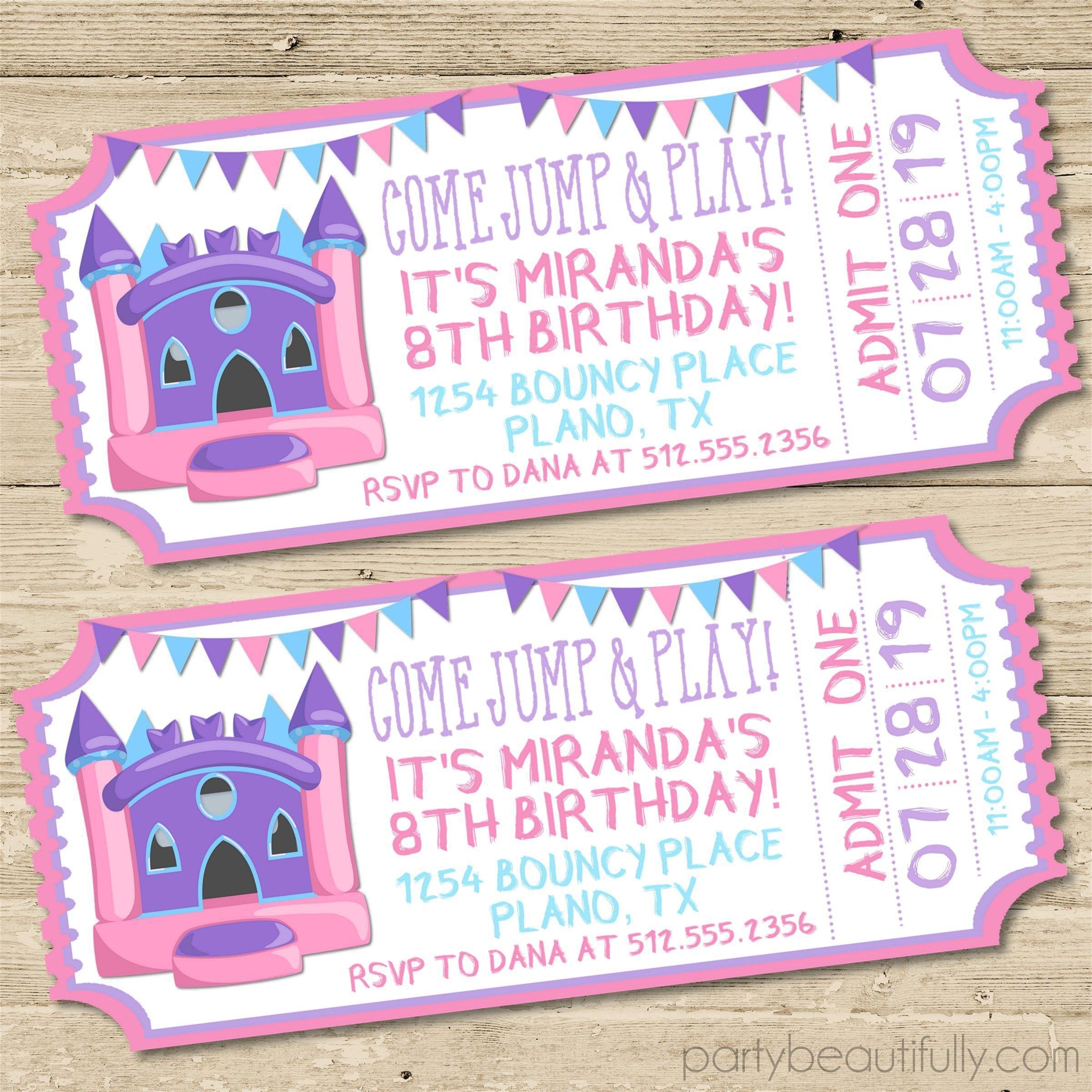 Girls Bounce House Birthday Ticket Invitations