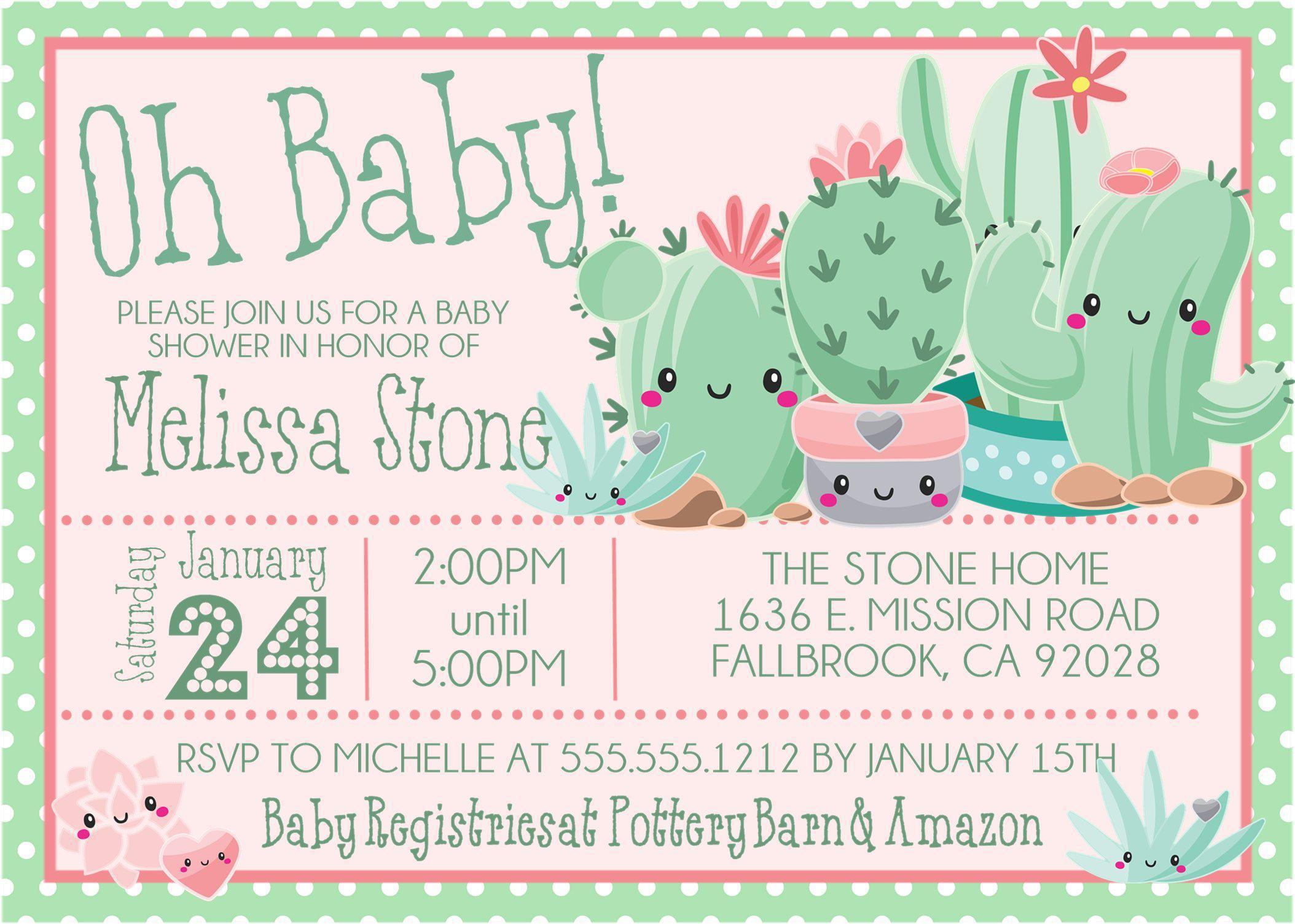 Girls Cactus Baby Shower Invitations