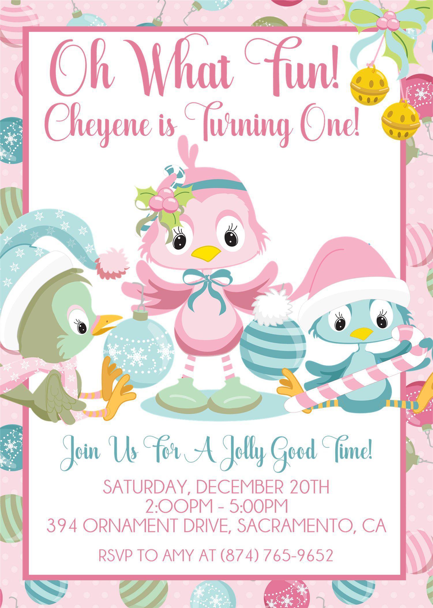 Girls Christmas 1st Birthday Party Invitations