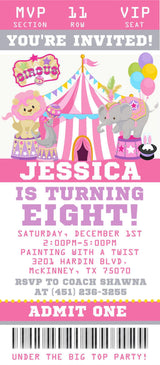 Girls Circus Birthday Party Ticket Invitations