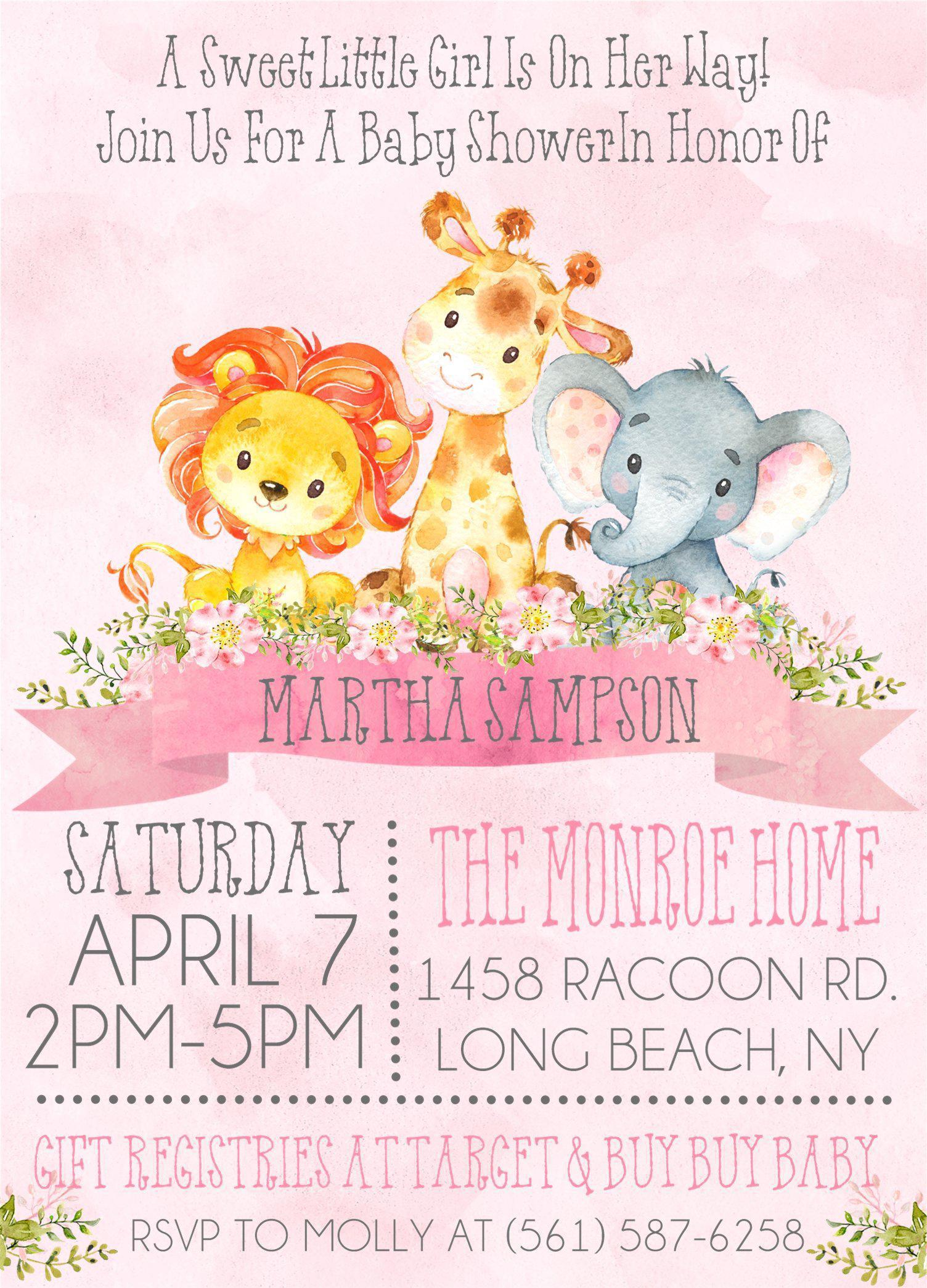 Girls Jungle Safari Animals Baby Shower Invitations