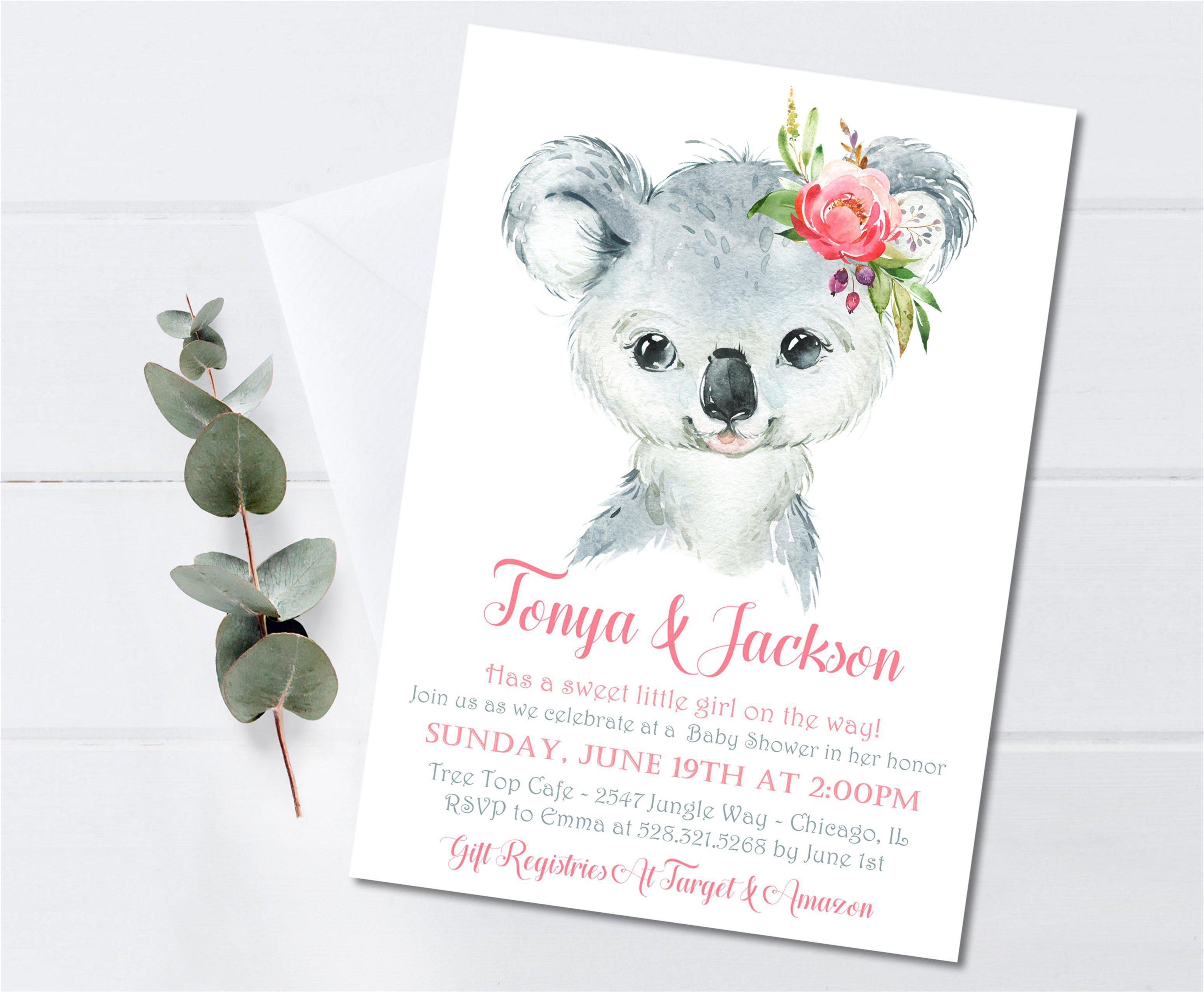 Girls Koala Baby Shower Invitations