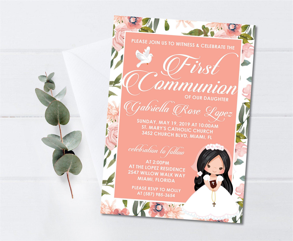 Girls Peach Floral First Communion Invitations